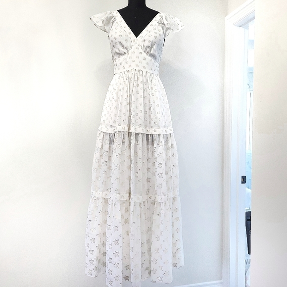 NWOT RARE White Temperley London Metallic Star Jacquard Silk Tiered Maxi Dress - Picture 2 of 16